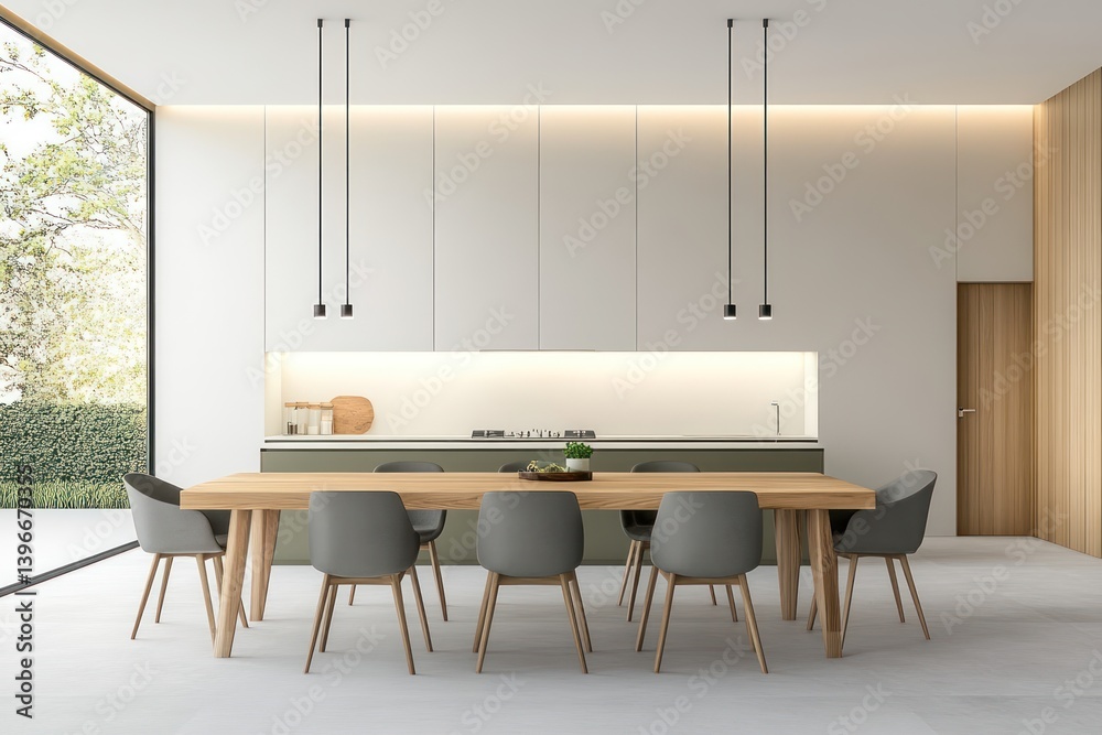Minimalist Wooden and Green Kitchen Dining Table with Grey Chairs in Modern Interior Design