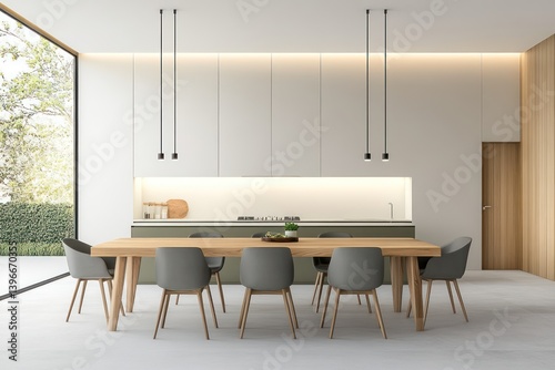 Obraz na płótnie Minimalist Wooden and Green Kitchen Dining Table with Grey Chairs in Modern Interior Design w salonie