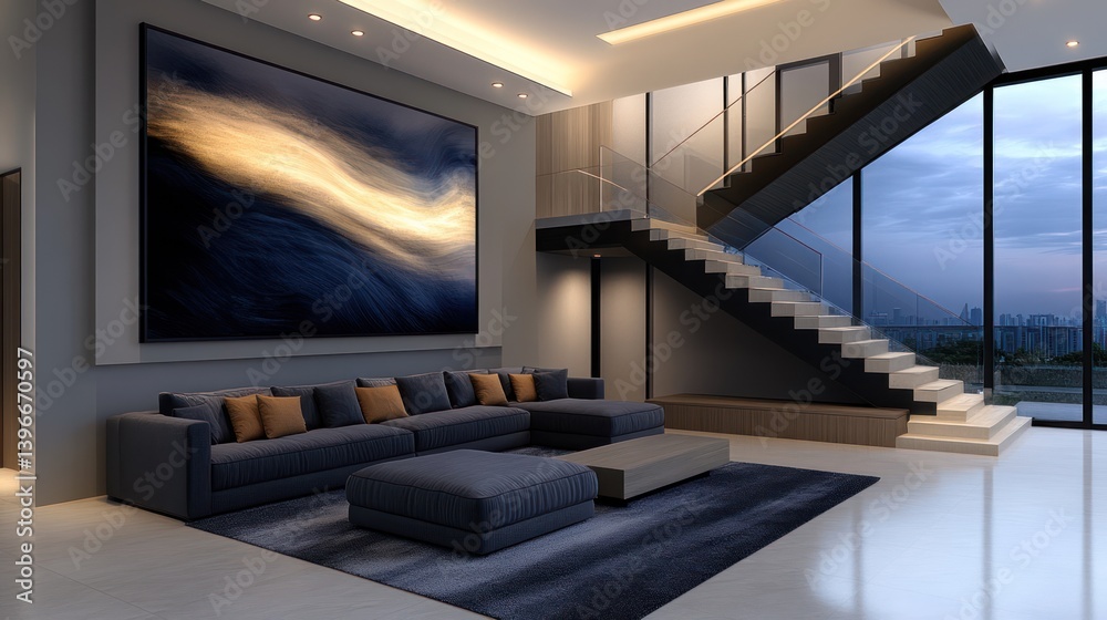 Sleek and Stylish Modern Living Room Interior Design in 3D Rendering