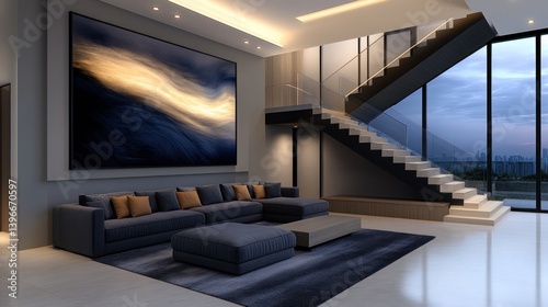 Obraz na płótnie Sleek and Stylish Modern Living Room Interior Design in 3D Rendering w salonie