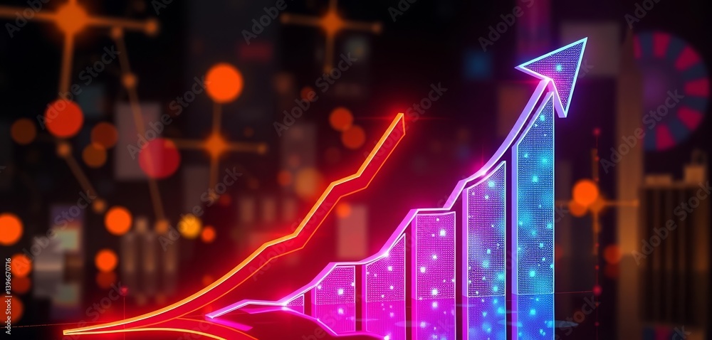 Fototapeta premium Abstract futuristic arrow chart rising, symbolizing digital transformation and business growth in finance, illustration, transformation