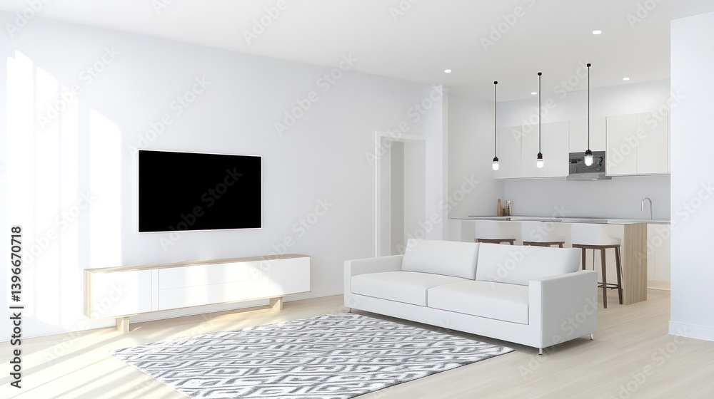 Contemporary White Apartment Interior Panorama - 3D Render