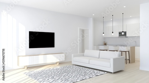 Obraz na płótnie Contemporary White Apartment Interior Panorama - 3D Render w salonie