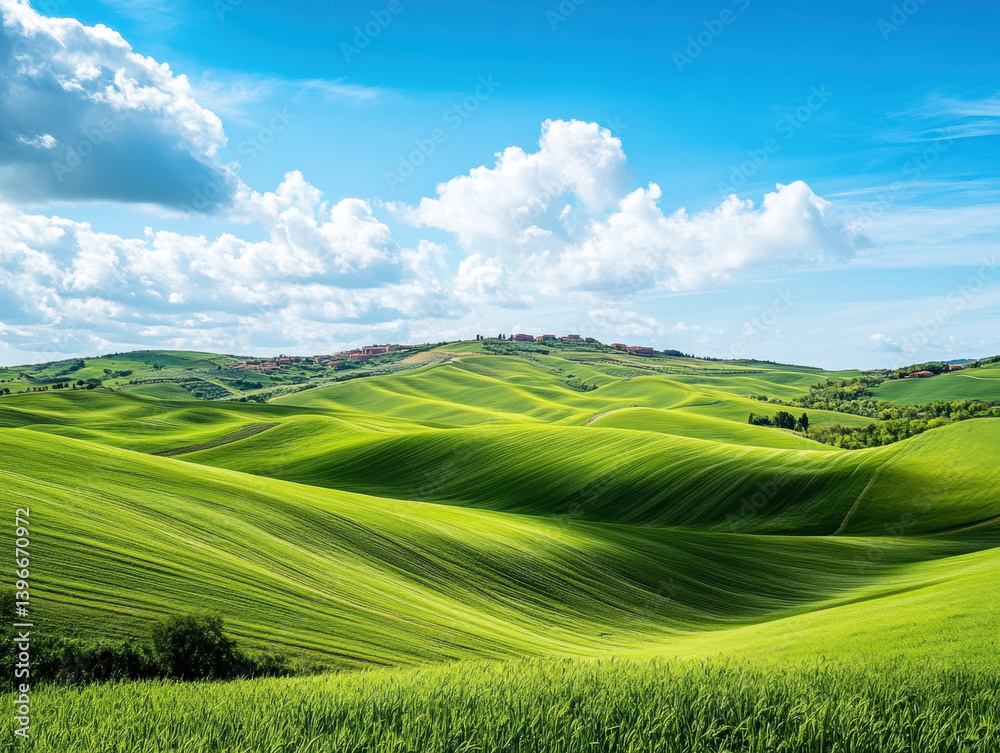 Fototapeta premium Serene hillside landscape with rolling green fields and blue sky
