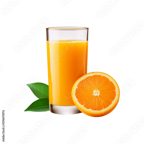 Glass of orange juice with slice and leaf on transparent background