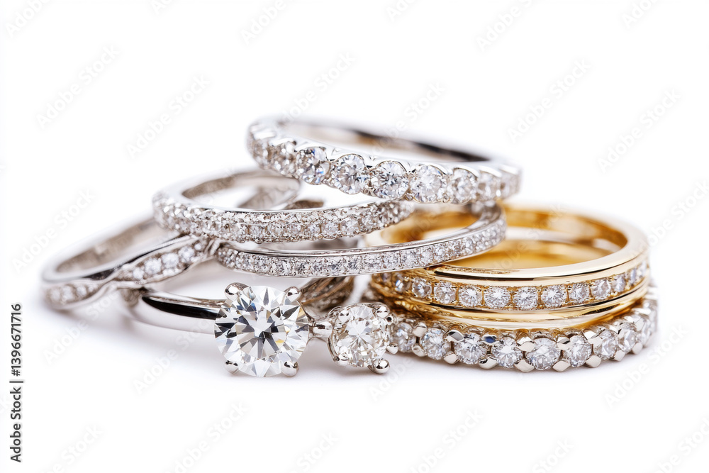 Elegant diamond rings displayed in a stylish arrangement Elegant diamond rings displayed in a stylish arrangement