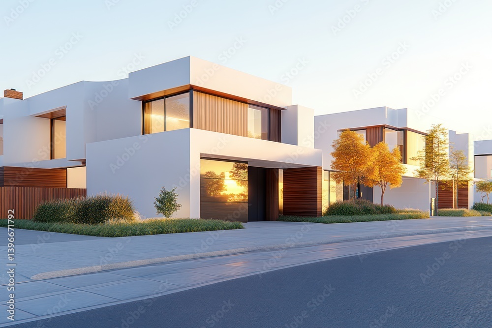 Newly Constructed Modern Houses in Melbourne Suburb, Australia: Contemporary Residential Architecture in Urban Setting with Blue Sky and Greenery