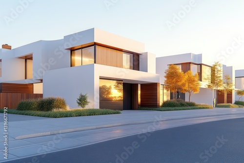 Obraz na płótnie Newly Constructed Modern Houses in Melbourne Suburb, Australia: Contemporary Residential Architecture in Urban Setting with Blue Sky and Greenery w salonie