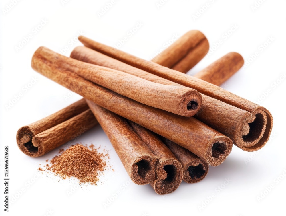 Cinnamon sticks and powder arranged on a plain background Cinnamon sticks and powder arranged on a plain background