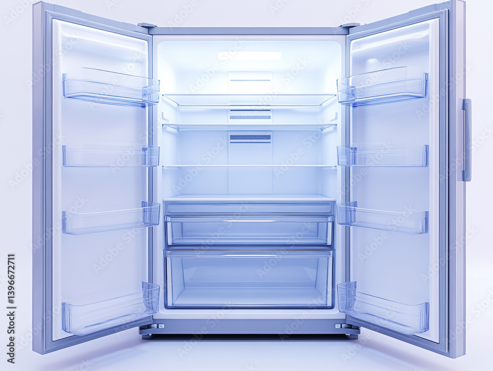 Modern refrigerator interior with ample storage and bright lighting Modern refrigerator interior with ample storage and bright lighting