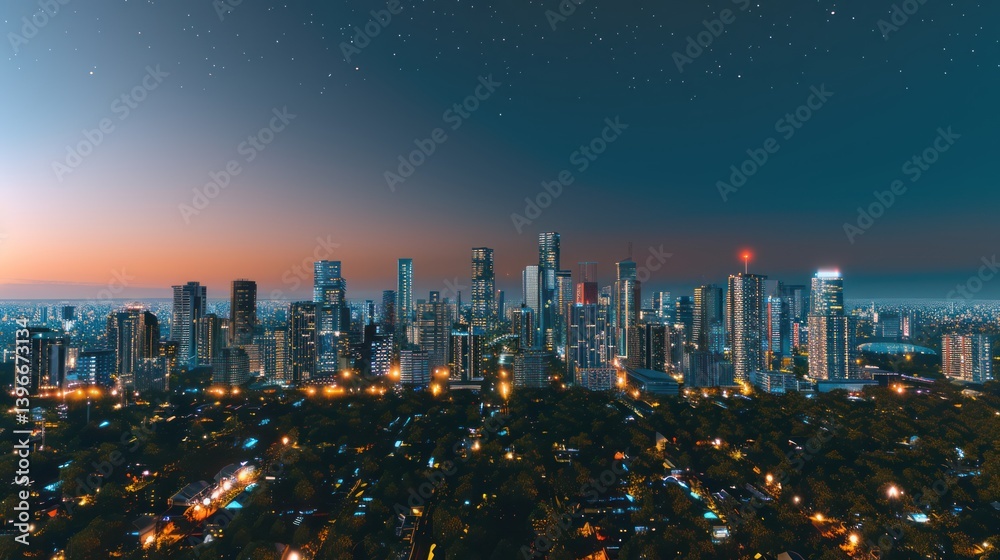 Mesmerizing Modern City Skyline Illuminated by Night Lights, Reflecting the Energy and Excitement of Urban Life, Celebrating Humanity's Creativity and Innovation