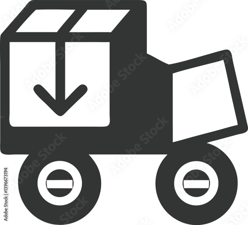 Shipping Truck with Box and Down Arrow Icon. Flat Design isolated on White