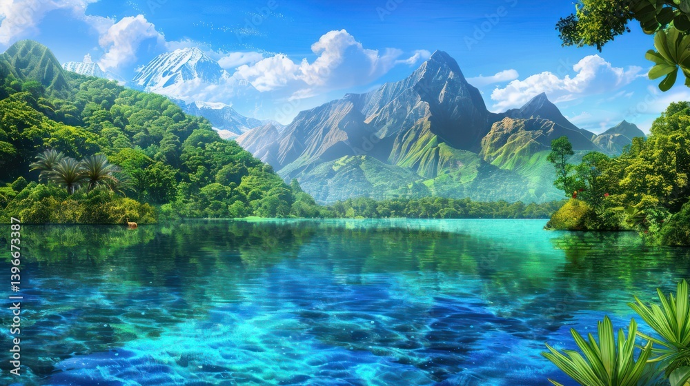 Tranquil Mountain Lake Landscape with Majestic Peaks, Lush Foliage, and Crystal-Clear Waters. Evoking a Deep Sense of Calm and Awe-Inspiring Wonder.