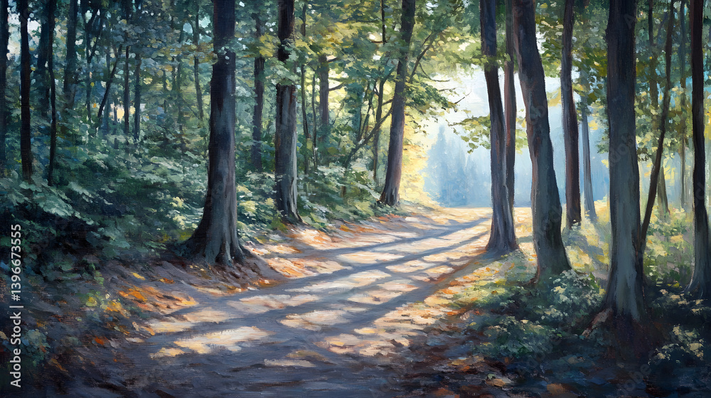 Obraz premium forest, tree, nature, trees, landscape, woods, autumn, green, park, sun, wood, pine, spring, path, light, woodland, leaf, road, foliage, leaves, fog, season, fall, sunlight, natural