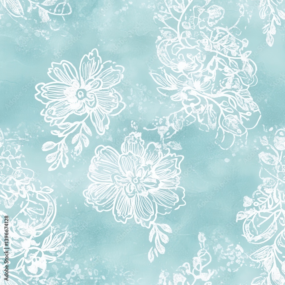 Fototapeta premium Serene Watercolor Doodle Cartoon Drawings Pattern: Floral White Outlines on Pastel Blue Backdrop