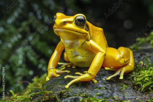 A Panamanian golden frog sitting on a mossy rock, vibrant yellow skin glistening, extinct in the wild due to fungal