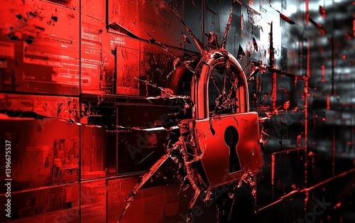 Obraz na płótnie Generative AI image of a hacker attack on a computer system, red alert icon, broken padlock, cybersecurity breach, modern digital interface, intense colors w salonie