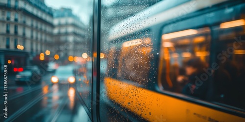 Fototapeta Naklejka Na Ścianę i Meble -  Raindrops on train window during evening commute in paris