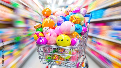 Shopping cart filled with vibrant groceries and household items, representing consumerism, shopping spree and retail therapy concept.
