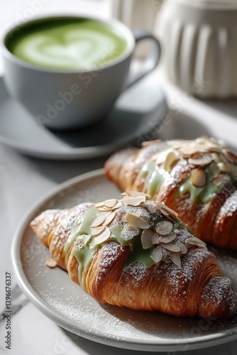 A beautiful culinary display of gourmet croissants topped with green icing and almonds, paired with vibrant matcha tea.