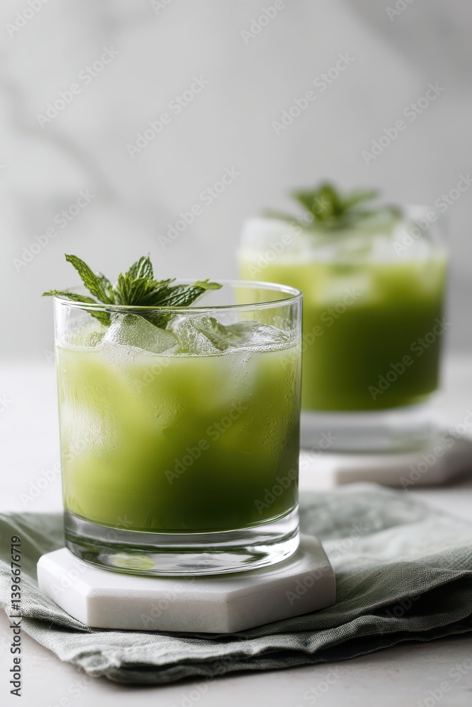 Chilled green drink served in stylish glasses, adding a refreshing touch alongside delectable matcha pastries. Chilled green drink served in stylish glasses, adding a refreshing touch alongside delectable matcha pastries.