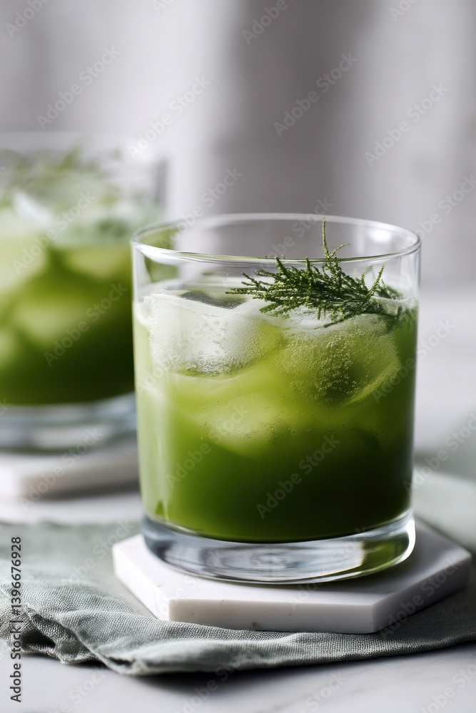 Two refreshing green beverages filled with ice, garnished with mint, perfect for cooling down on a hot day. Two refreshing green beverages filled with ice, garnished with mint, perfect for cooling down on a hot day.