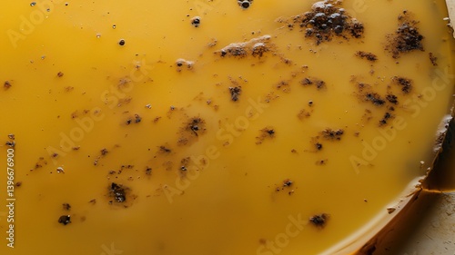 Aerial view of Venusian sulfuric acid clouds with glowing volcanic landscapes, extreme close-up of hypothetical microbial lifeforms in amber droplets. Astrobiology and extraterrestrial life concepts,
