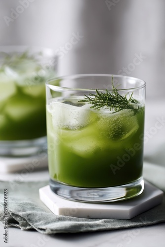 Two refreshing green beverages filled with ice, garnished with mint, perfect for cooling down on a hot day.