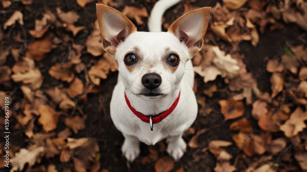 A charming Jack Russell Terrier gazes upwards from a bed of autumn leaves, wearing a bright red collar A charming Jack Russell Terrier gazes upwards from a bed of autumn leaves, wearing a bright red collar