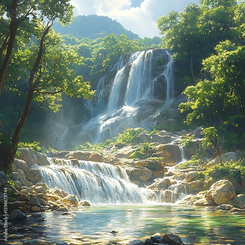 Peaceful Mountain Waterfall Sunlit Forest Rocks Refreshing Stream Wild Beauty Photo photo