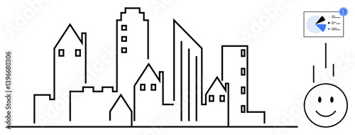 Stylized city skyline with diverse buildings, smiling face below a pie chart. Ideal for urban planning, data analytics, real estate, positivity, growth, connection progress. Flat simple metaphor
