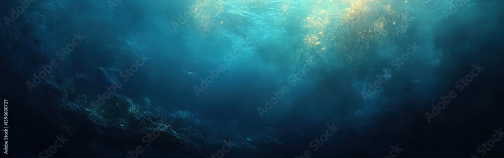 Fototapeta premium Ocean Depth: Sunlit Underwater Scene with Deep Blue Tones and Golden Glitter