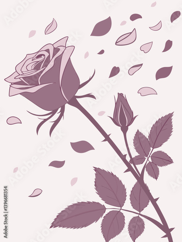 Flying rose petals with classic bloom silhouette, romantic floral vector for greeting cards, wedding art, poetic wall posters, or minimalist tattoo flash designs.
