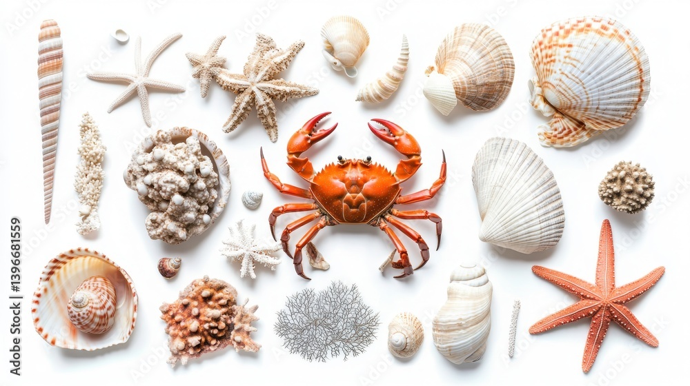 A vibrant collection of seashells, starfish, and a central orange crab arranged on a white background, evoking a coastal aesthetic A vibrant collection of seashells, starfish, and a central orange crab arranged on a white background, evoking a coastal aesthetic