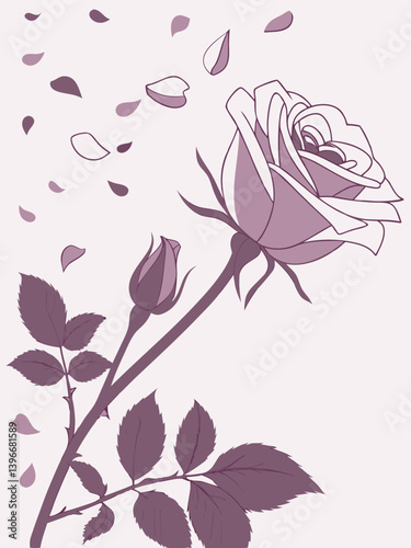 Botanical silhouette of rose bloom and soft petal scatter, floral vector art for feminine illustration themes, wedding invitations, elegant branding, or poetic wall prints.