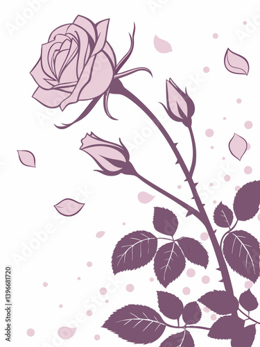 Silhouette vector of rose bloom and falling petals, romantic floral art for love notes, wedding cards, Valentine posters, elegant tattoo design, or poetic botanical illustrations.