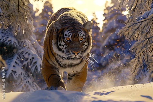 A majestic Siberian tiger prowling through a snow covered forest at dawn