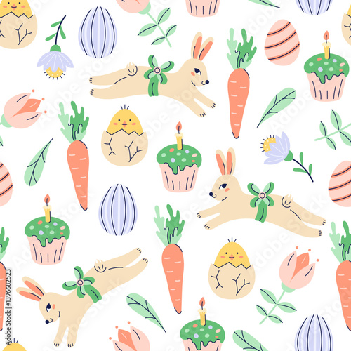 Happy Easter seamless pattern with bunny, chick and painted eggs on white background. Happy Easter hand drawn card. Flat illustration with partial outline. Vector illustration.