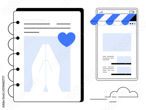 Notebook with praying hands beside smartphone app store interface and cloud. Ideal for spirituality, mindfulness, faith, digital integration, online platforms, modern worship, personal growth. Flat