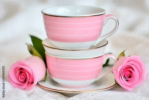 Two pink teacups stacked with roses and white floral cloth background