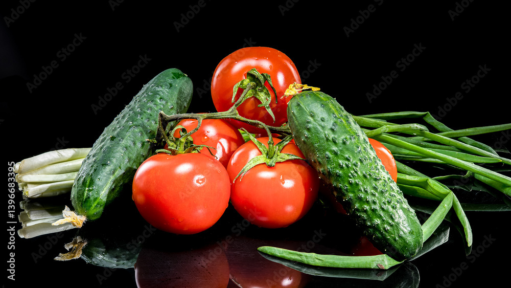 Fresh Tomatoes and Cucumbers on Black Background