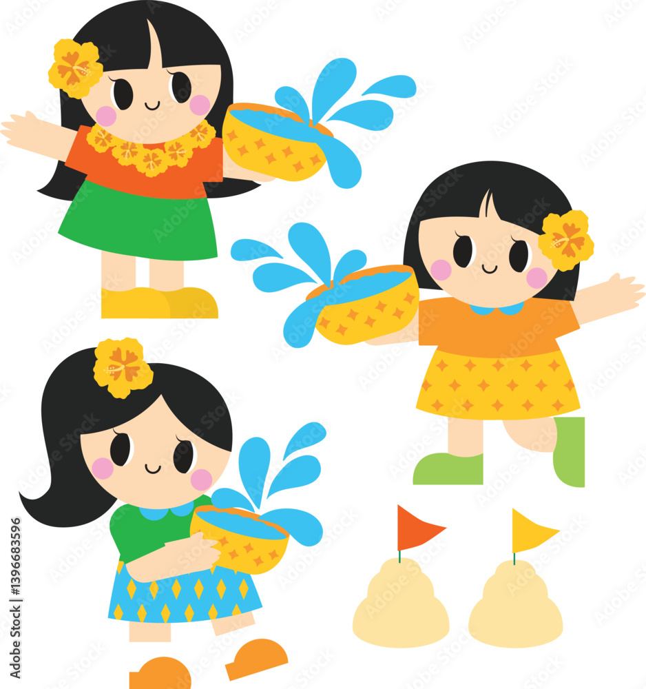 Songkran, Thai New Year, Water Festival, Girl, Kids, Splashing, Bowl, Water, Flower, Happy, Fun, Colorful, Traditional, Celebration, Asia, Thailand, Culture, Cartoon, Graphic, Illustration Songkran, Thai New Year, Water Festival, Girl, Kids, Splashing, Bowl, Water, Flower, Happy, Fun, Colorful, Traditional, Celebration, Asia, Thailand, Culture, Cartoon, Graphic, Illustration