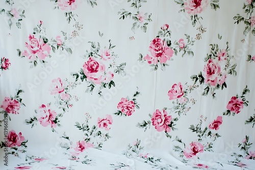 Pink Roses And Green Leaves Printed On White Fabric Background