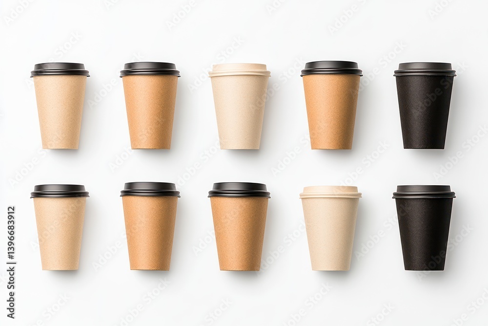 Variety of Black Coffee Takeaway Cups on White Background, Top View