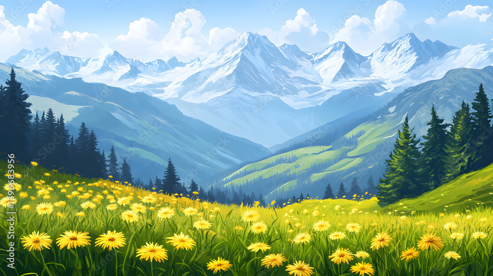 Fototapeta premium mountain, landscape, mountains, nature, sky, summer, meadow, alps, grass, flower, flowers, spring, clouds, alpine, field, snow, green, travel, view, forest, peak, yellow, panorama, rock, outdoors