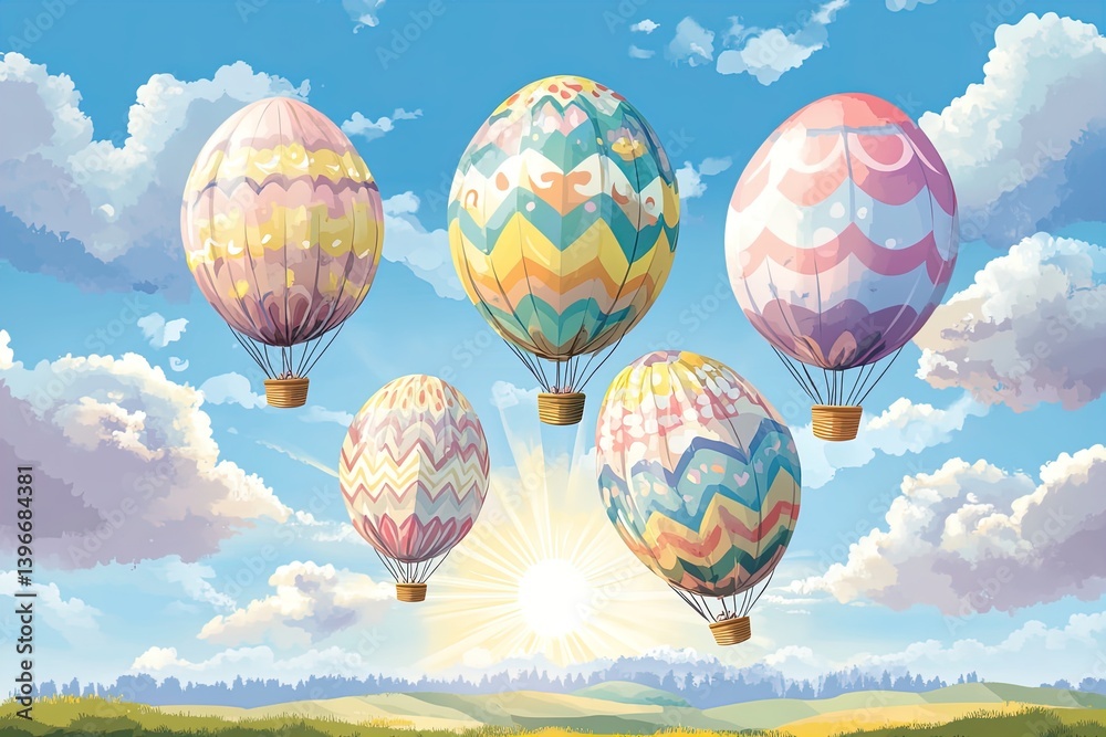 Obraz premium Easter egg hot air balloons floating in spring sky