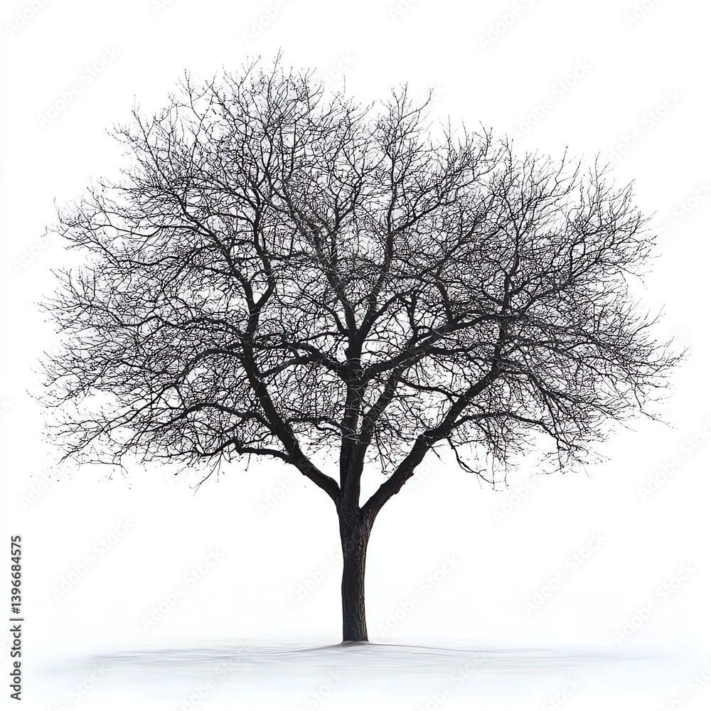Solitary Bare Tree Standing in Winter Landscape with White Background Solitary Bare Tree Standing in Winter Landscape with White Background