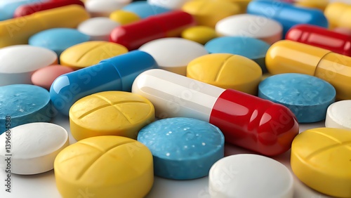 Various pills, symbolizing healthcare, medication, and treatment.diversity of pharmaceutical products,importance of modern medicine in managing illnesses and improving well-being.