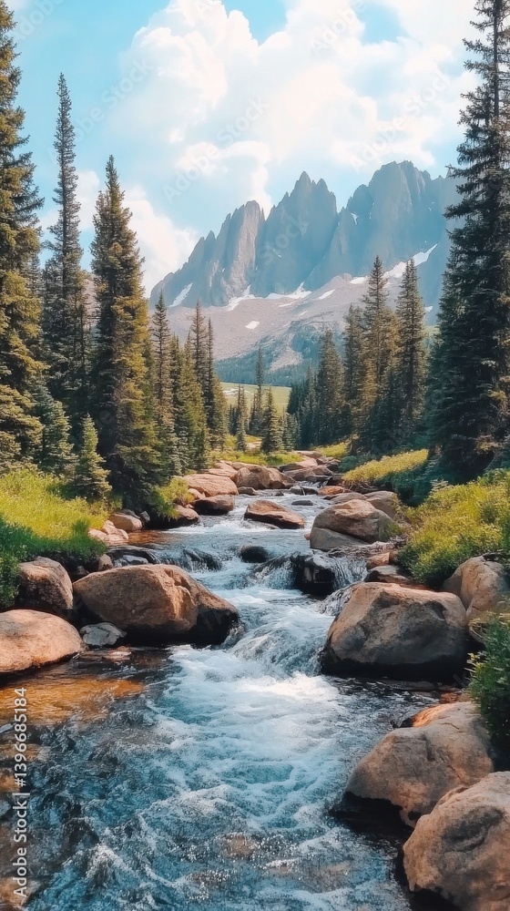 Mountain stream cascades over rocks surrounded by tall evergreen trees under a clear blue sky in a scenic alpine landscape.