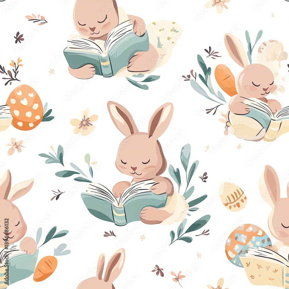 Fototapeta premium Repeat pattern of Easter bunnies reading egg books Repeating Pattern Tile Repeating Pattern Tile Repeating Pattern Tile Repeating Pattern Tile